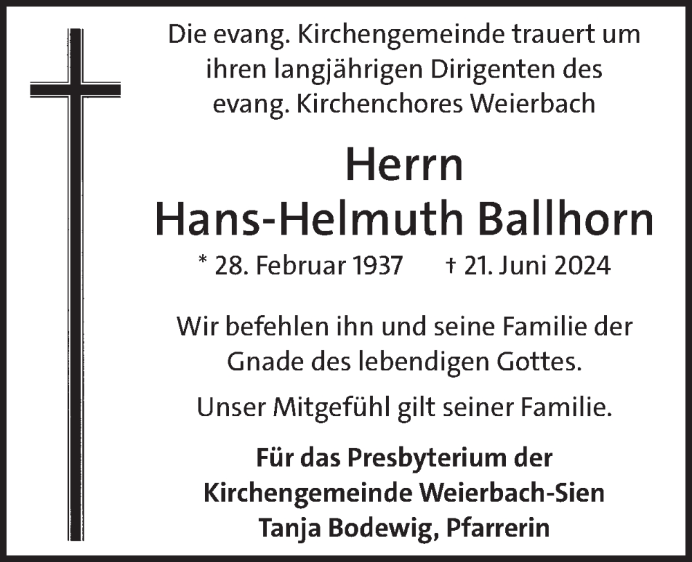  Traueranzeige für Hans-Helmuth Ballhorn vom 03.08.2024 aus WochenSpiegel