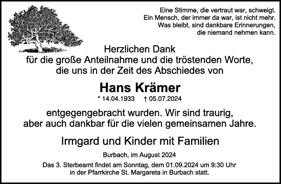 Traueranzeige von Hans Krämer von WochenSpiegel