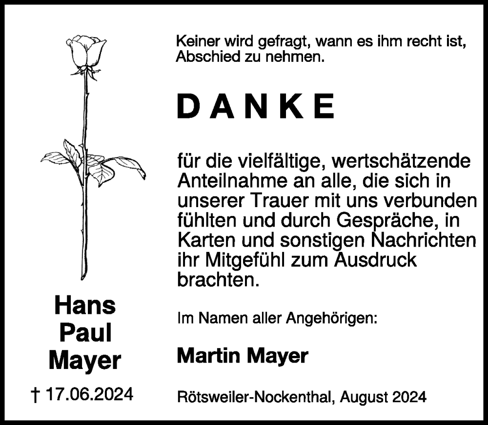  Traueranzeige für Hans Paul Mayer vom 31.08.2024 aus WochenSpiegel