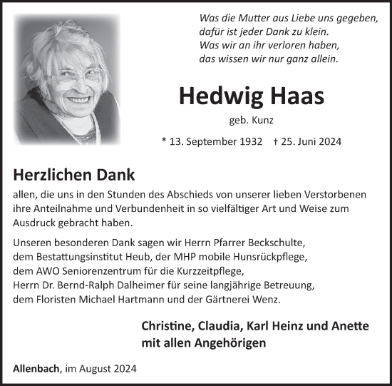 Traueranzeige von Hedwig Haas von WochenSpiegel