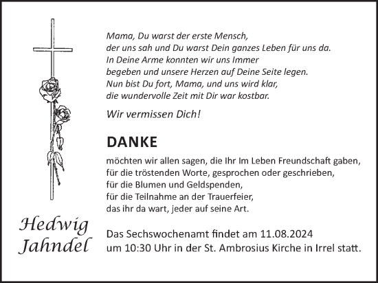 Traueranzeige von Hedwig Jahndel von WochenSpiegel