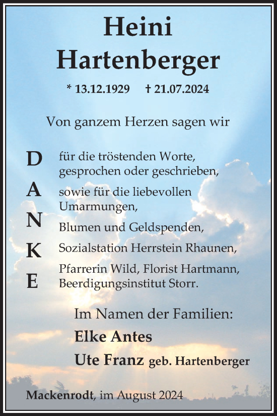Traueranzeige von Heini Hartenberger von WochenSpiegel