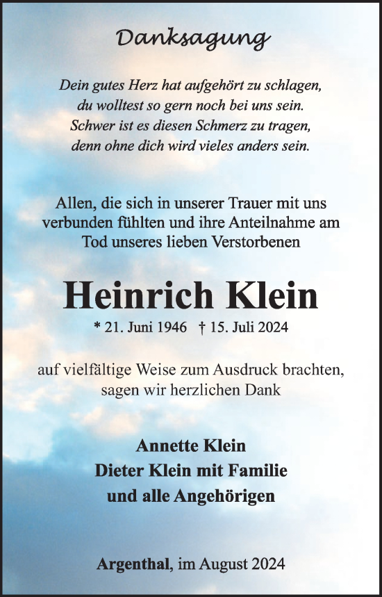 Traueranzeige von Heinrich Klein von WochenSpiegel