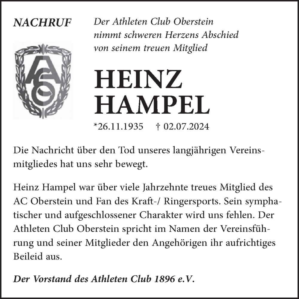  Traueranzeige für Heinz Hampel vom 10.08.2024 aus WochenSpiegel