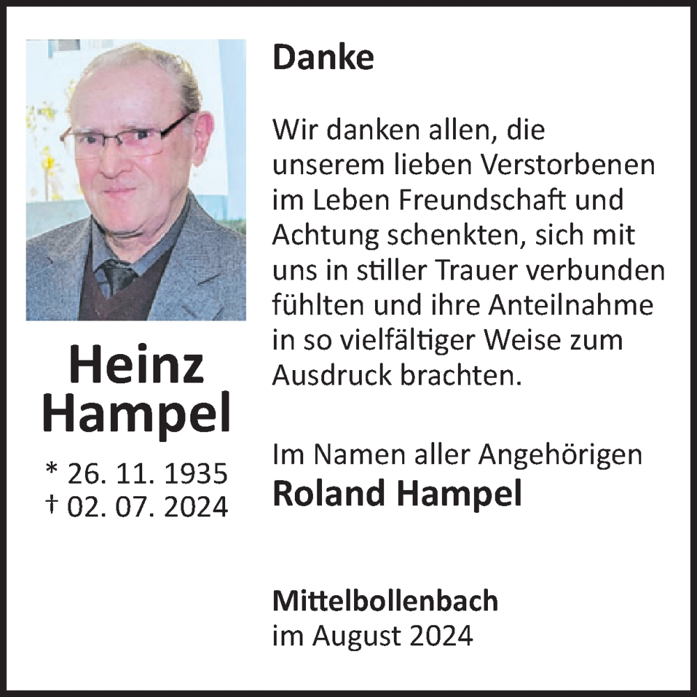  Traueranzeige für Heinz Hampel vom 10.08.2024 aus WochenSpiegel