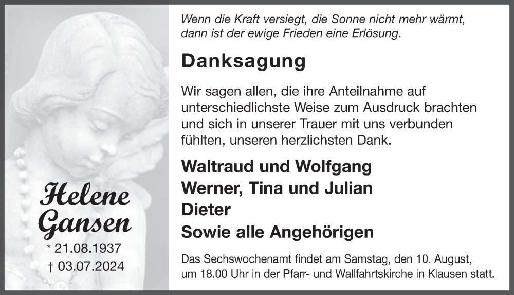  Traueranzeige für Helene Gansen vom 02.08.2024 aus WochenSpiegel