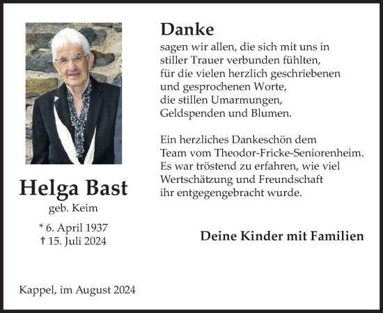 Traueranzeige von Helga Bast von WochenSpiegel