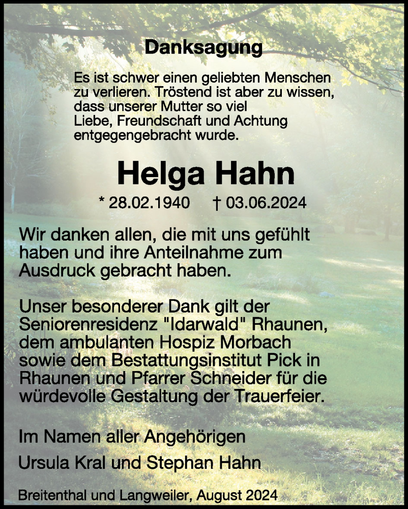  Traueranzeige für Helga Hahn vom 24.08.2024 aus WochenSpiegel