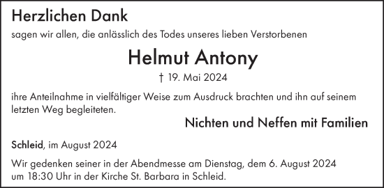 Traueranzeige von Helmut Antony von WochenSpiegel