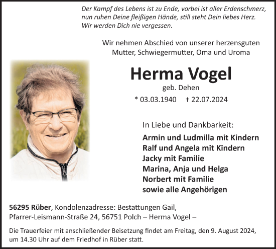 Traueranzeige von Herma Vogel von WochenSpiegel