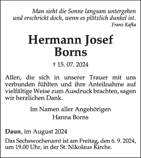 Traueranzeige von Hermann Josef Borns von WochenSpiegel