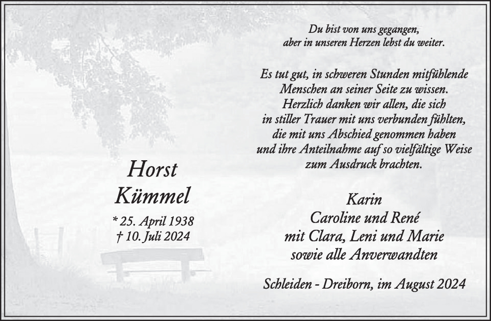  Traueranzeige für Horst Kümmel vom 21.08.2024 aus WochenSpiegel