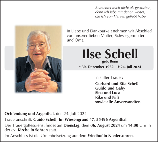 Traueranzeige von Ilse Schell von WochenSpiegel