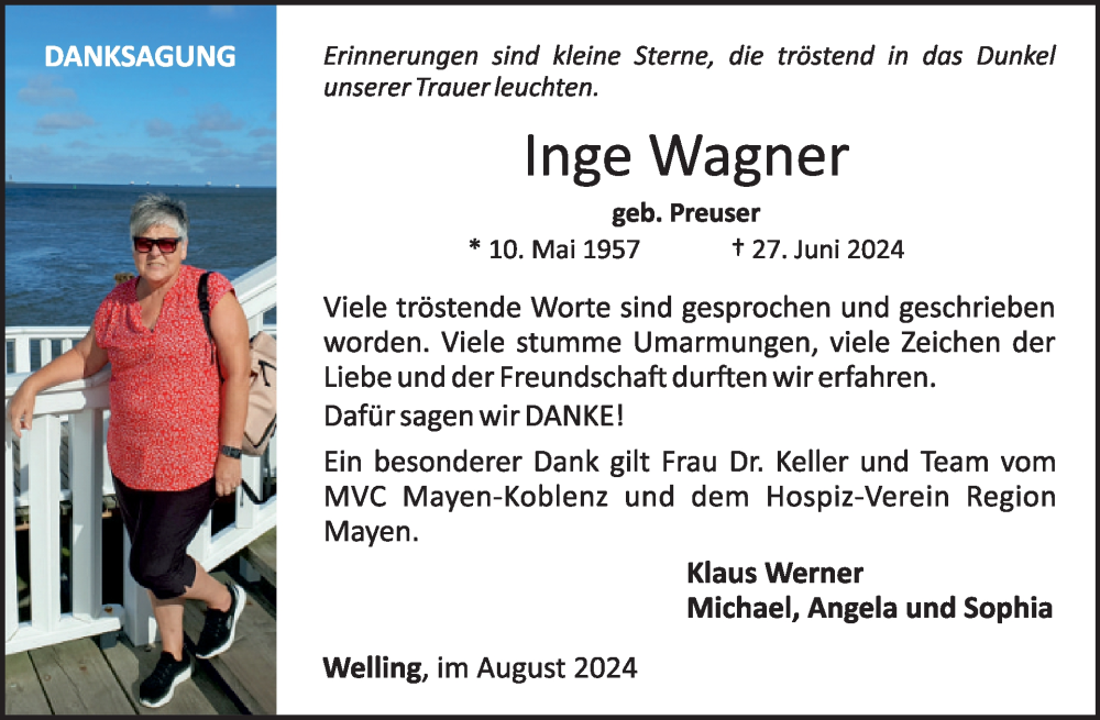  Traueranzeige für Inge Wagner vom 14.08.2024 aus WochenSpiegel