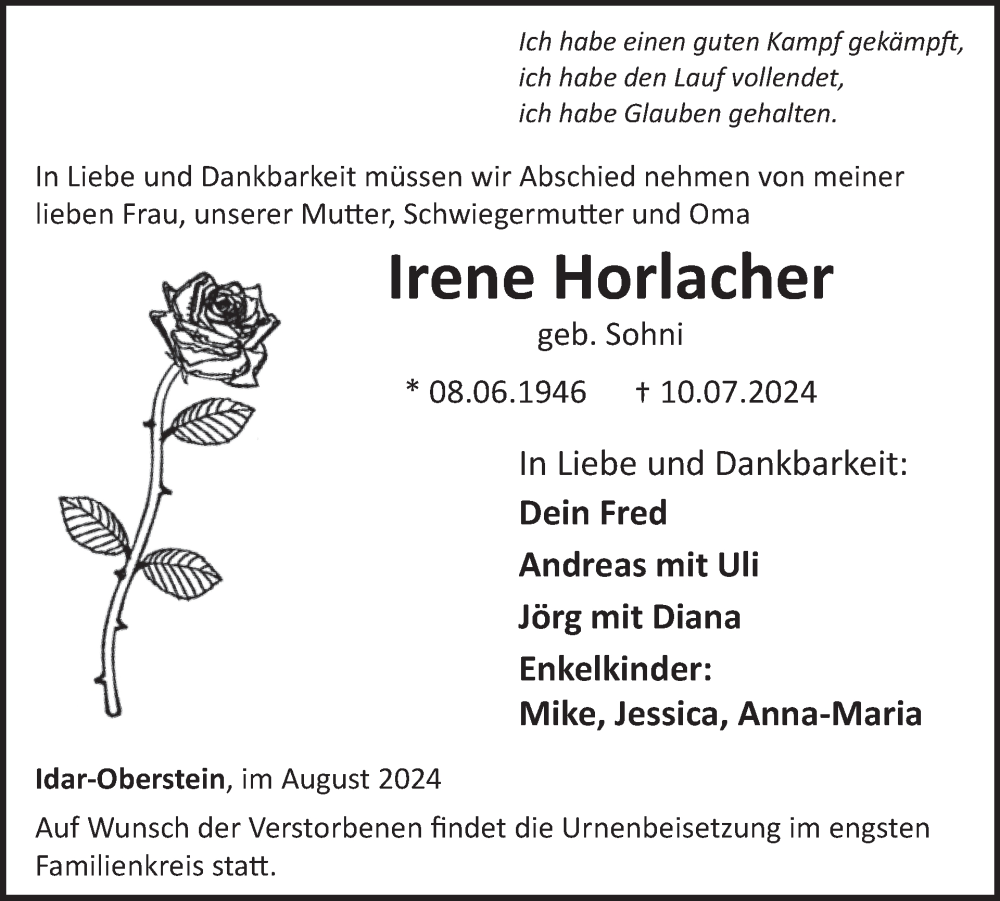  Traueranzeige für Irene Horlacher vom 03.08.2024 aus WochenSpiegel
