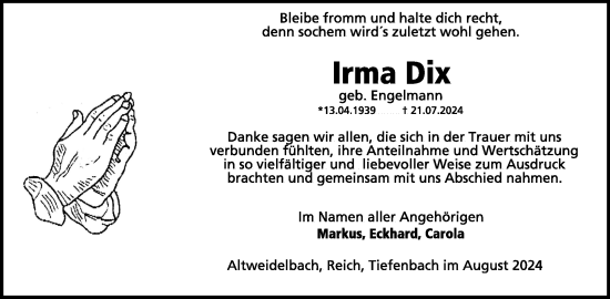 Traueranzeige von Irma Dix von WochenSpiegel