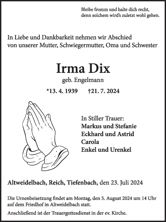 Traueranzeige von Irma Dix von WochenSpiegel