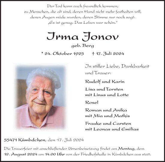 Traueranzeige von Irma Jonov von WochenSpiegel