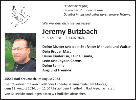 Traueranzeige von Jeremy Butzbach von WochenSpiegel