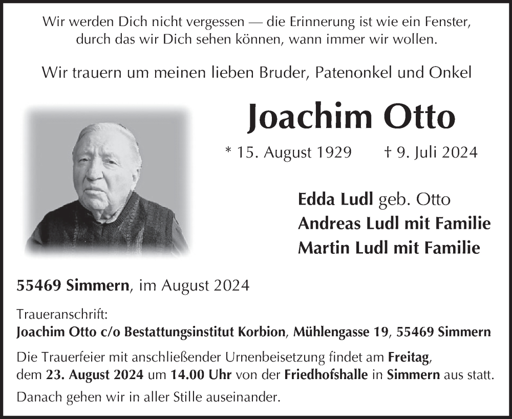  Traueranzeige für Joachim Otto vom 10.08.2024 aus WochenSpiegel