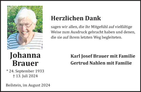 Traueranzeige von Johanna Brauer von WochenSpiegel