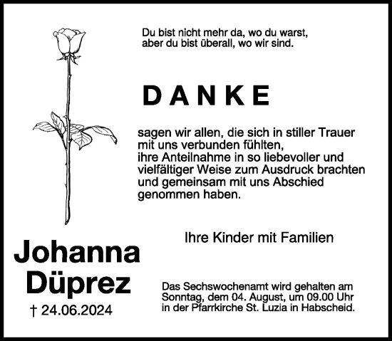 Traueranzeige von Johanna Düprez von WochenSpiegel