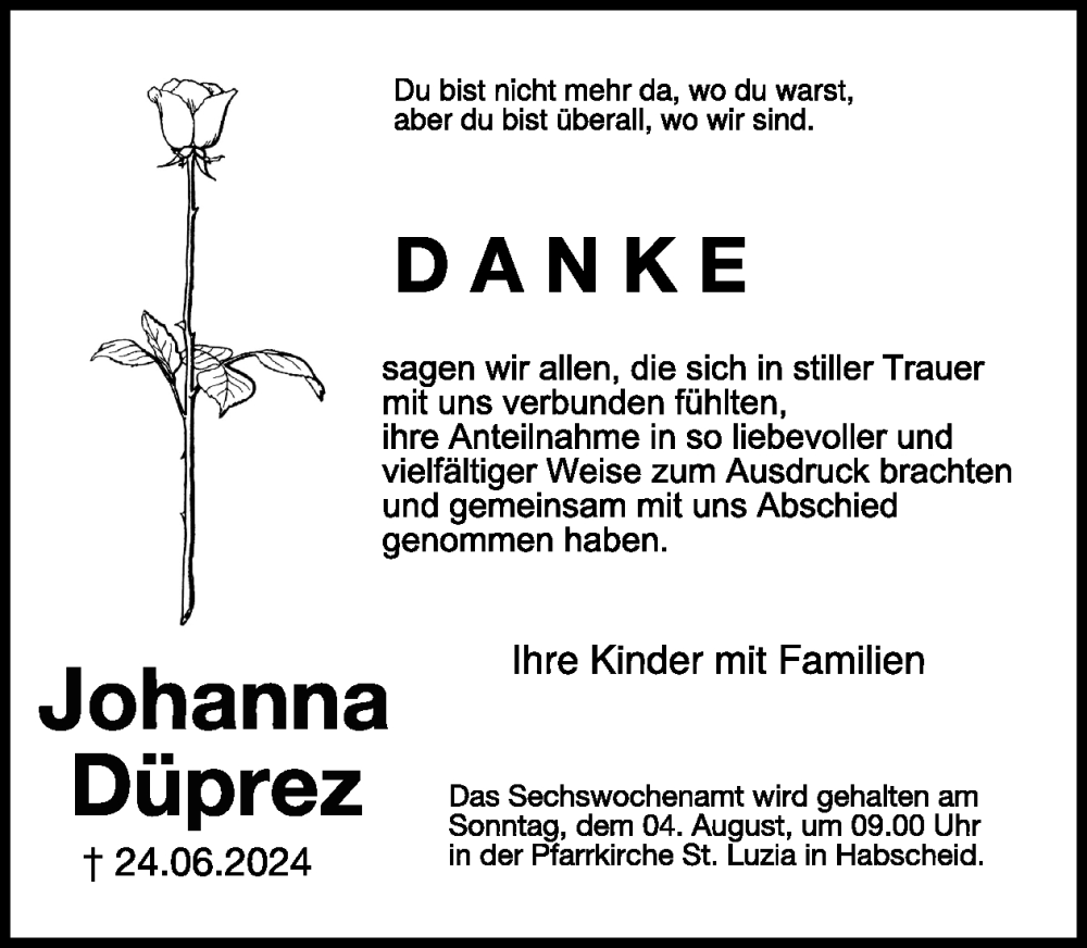  Traueranzeige für Johanna Düprez vom 02.08.2024 aus WochenSpiegel