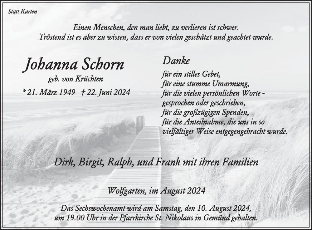  Traueranzeige für Johanna Schorn vom 07.08.2024 aus WochenSpiegel