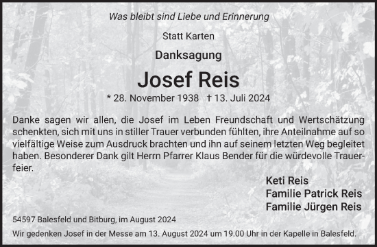 Traueranzeige von Josef Reis von WochenSpiegel