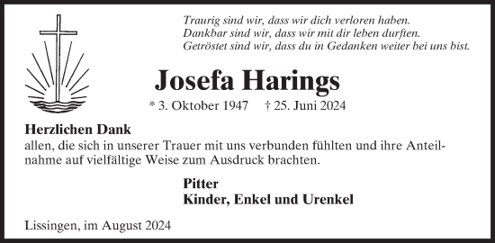 Traueranzeige von Josefa Harings von WochenSpiegel