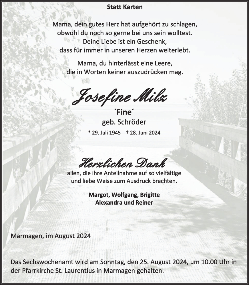 Traueranzeige für Josefine Milz vom 21.08.2024 aus WochenSpiegel