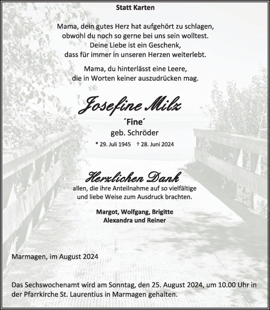 Traueranzeige von Josefine Milz von WochenSpiegel