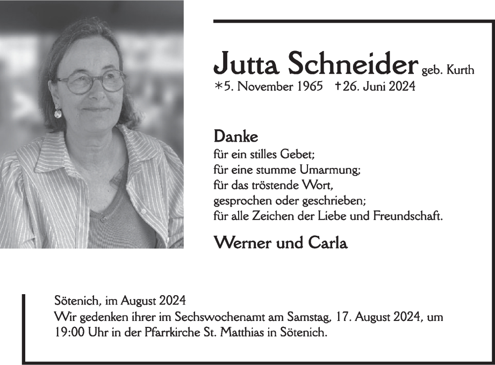  Traueranzeige für Jutta Schneider vom 07.08.2024 aus WochenSpiegel