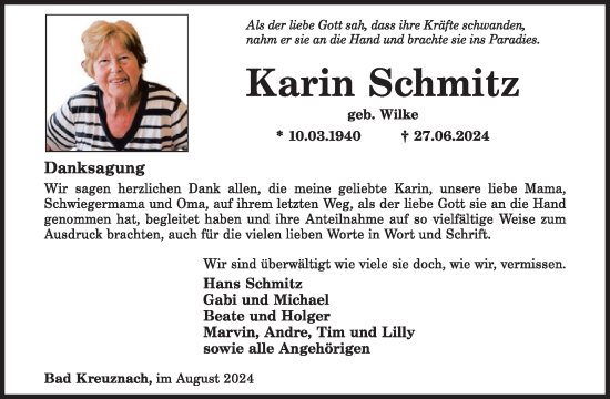 Traueranzeige von Karin Schmitz von WochenSpiegel