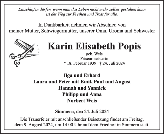 Traueranzeige von Karin Elisabeth Popis von WochenSpiegel