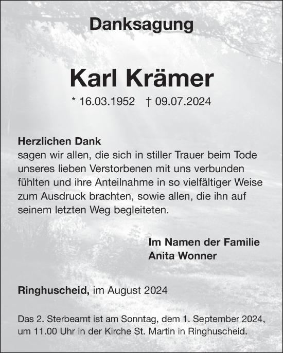 Traueranzeige von Karl Krämer von WochenSpiegel