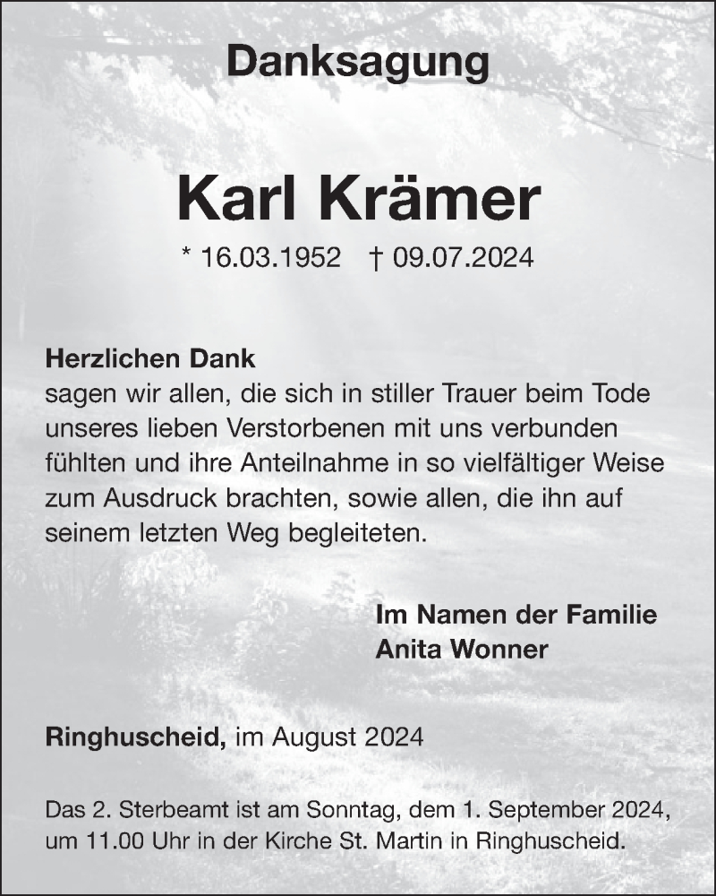  Traueranzeige für Karl Krämer vom 23.08.2024 aus WochenSpiegel