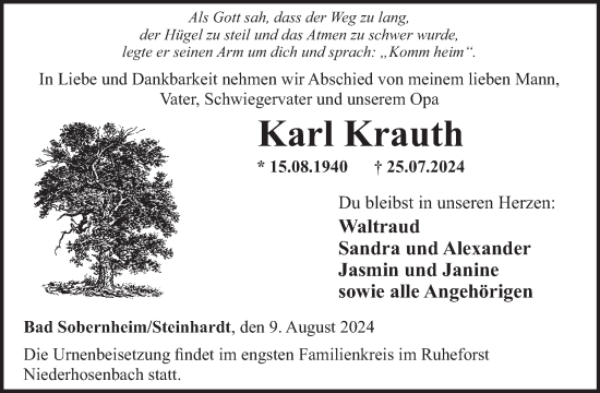Traueranzeige von Karl Krauth von WochenSpiegel