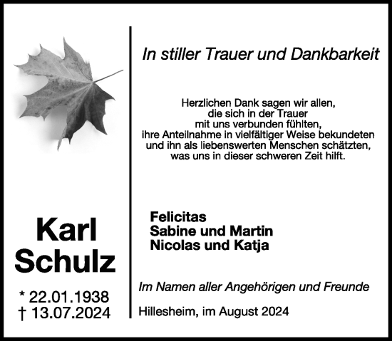 Traueranzeige von Karl Schulz von WochenSpiegel