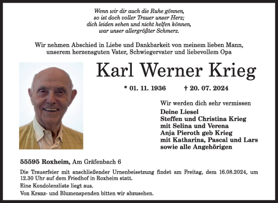 Traueranzeige von Karl Werner Krieg von WochenSpiegel