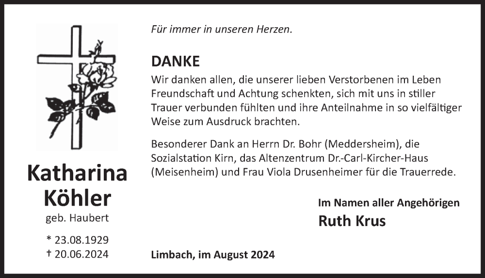  Traueranzeige für Katharina Köhler vom 31.08.2024 aus WochenSpiegel
