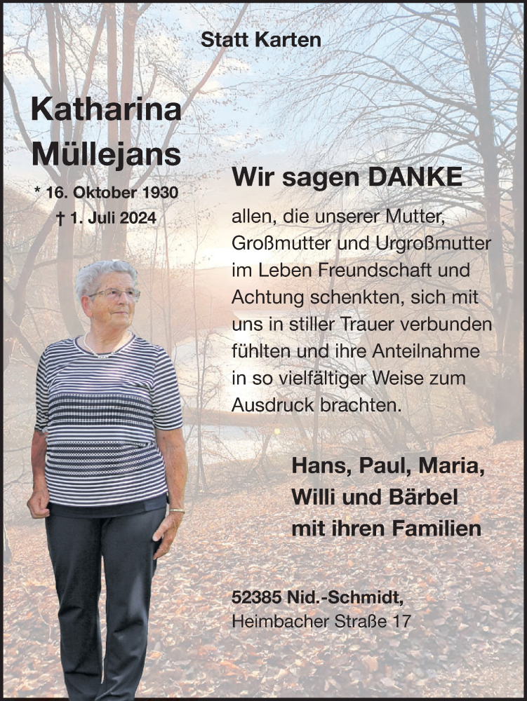  Traueranzeige für Katharina Müllejans vom 27.08.2024 aus WochenSpiegel