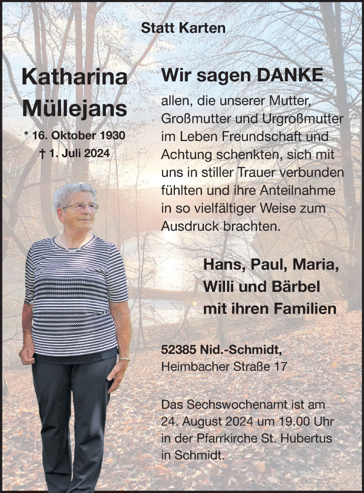  Traueranzeige für Katharina Müllejans vom 21.08.2024 aus WochenSpiegel