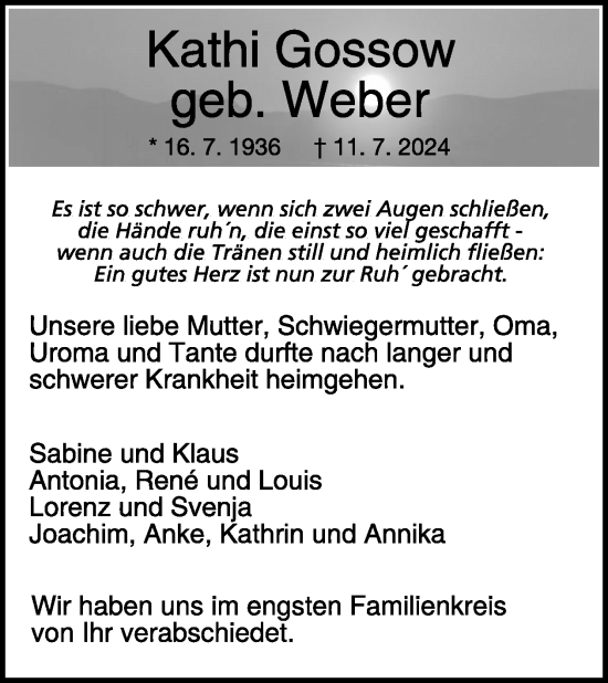 Traueranzeige von Kathi Gossow von WochenSpiegel