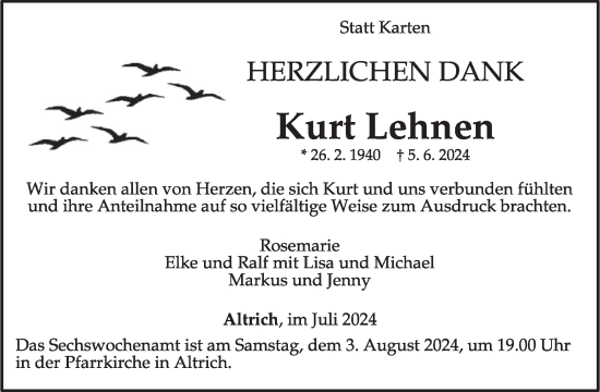 Traueranzeige von Kurt Lehnen von WochenSpiegel