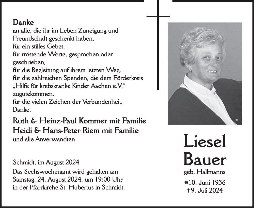  Traueranzeige für Liesel Bauer vom 21.08.2024 aus WochenSpiegel