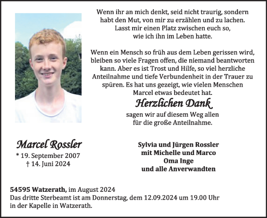 Traueranzeige von Marcel Rossler von WochenSpiegel