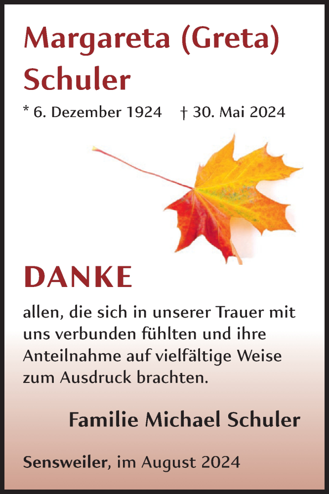  Traueranzeige für Margareta Schuler vom 31.08.2024 aus WochenSpiegel