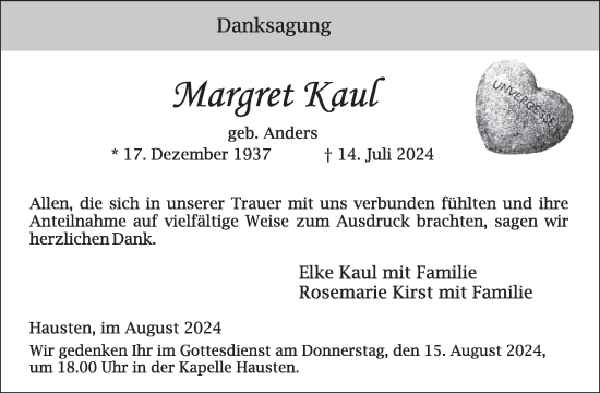 Traueranzeige von Margret Kaul von WochenSpiegel