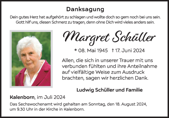 Traueranzeige von Margret Schüller von WochenSpiegel